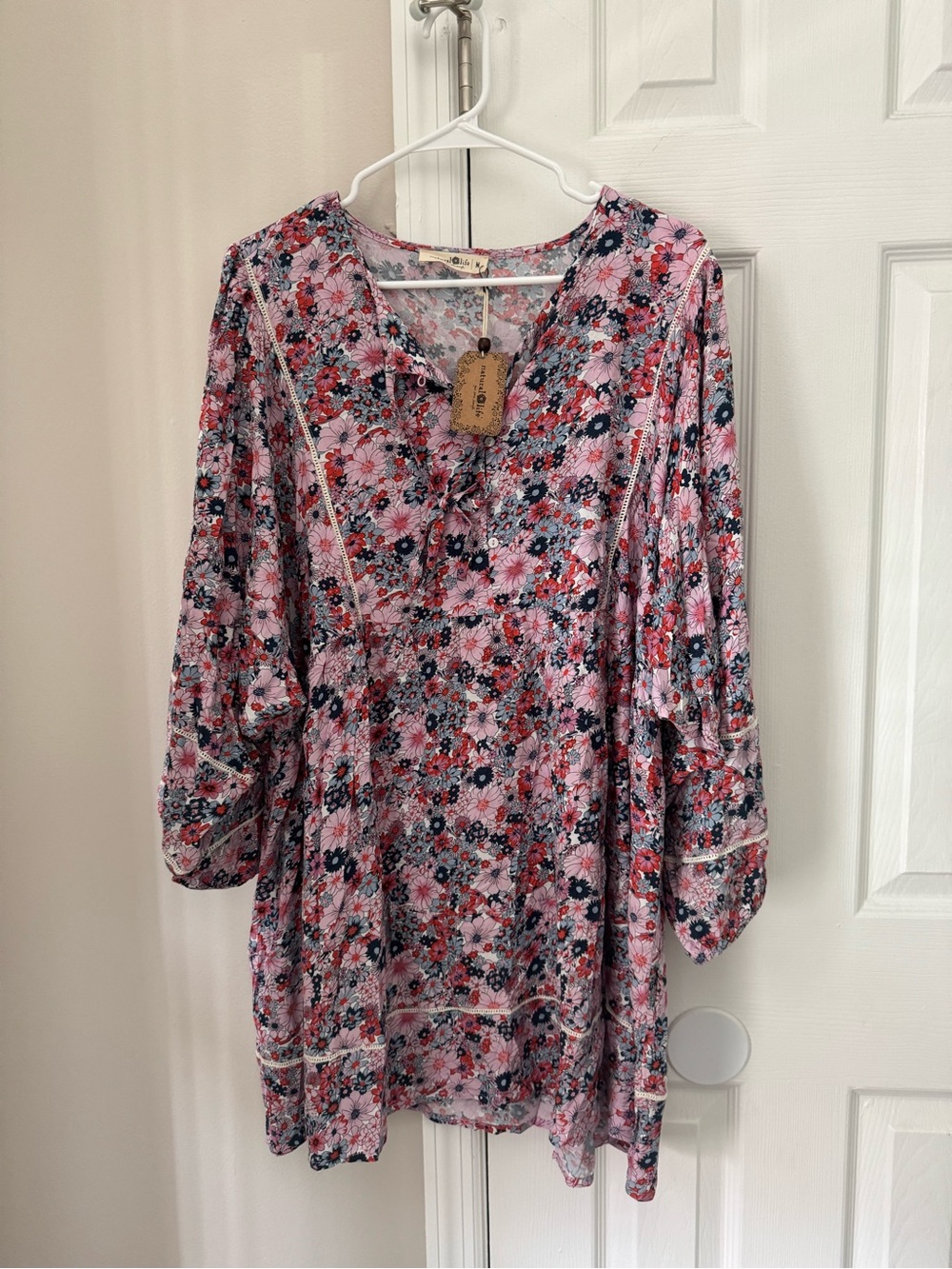 NATURAL LIFE Pink Floral Mini Dress with Navy Accents